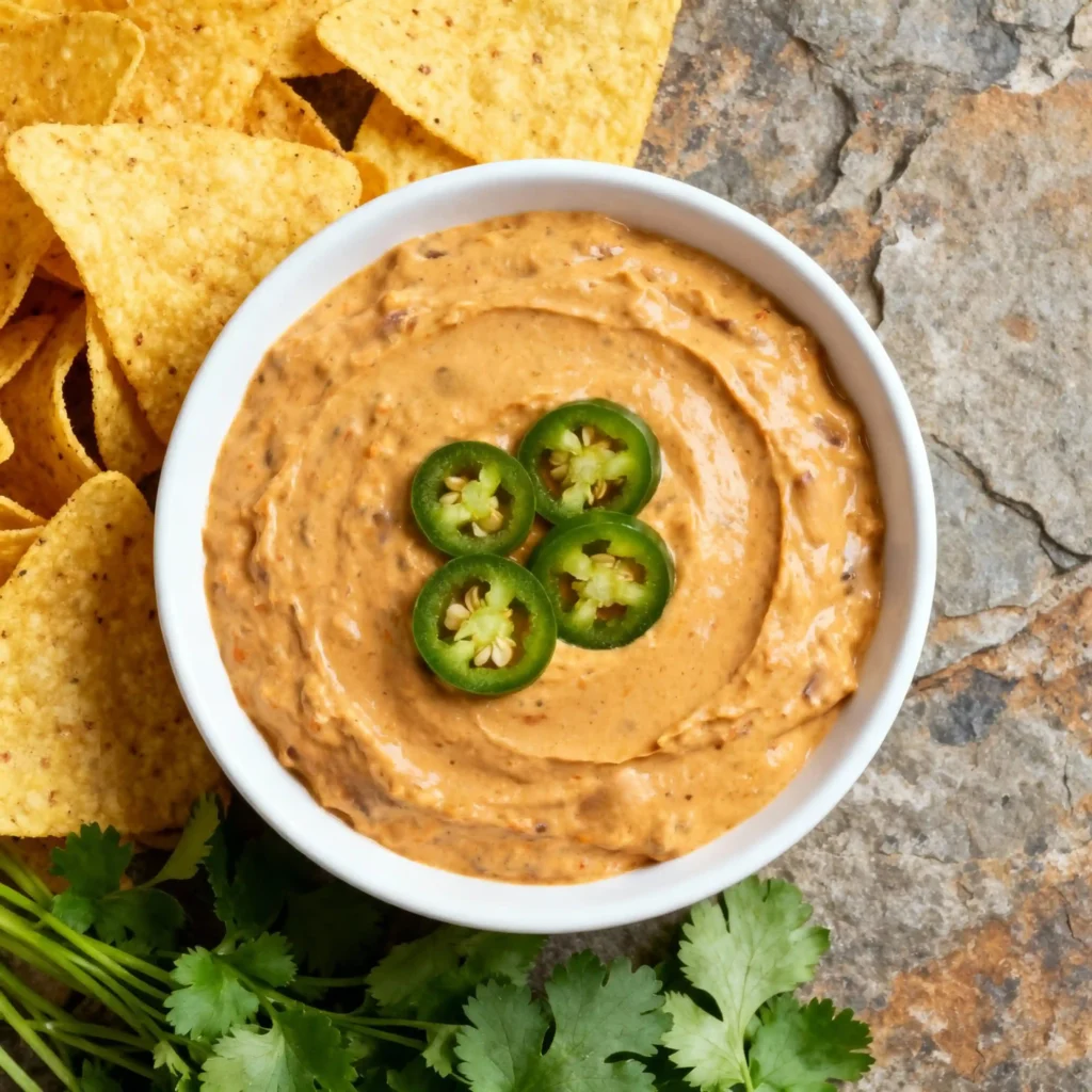 Overhead view of homemade Frito Lay bean dip recipe in a white bowl topped with jalapeños, surrounded by tortilla chips and cilantro on a stone surface.