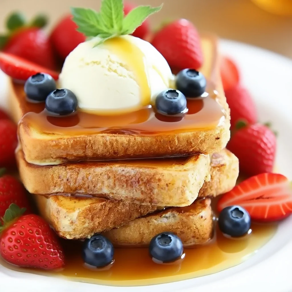 stack of golden French toast topped with vanilla ice cream, strawberries, blueberries, and maple syrup