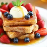 stack of golden French toast topped with vanilla ice cream, strawberries, blueberries, and maple syrup