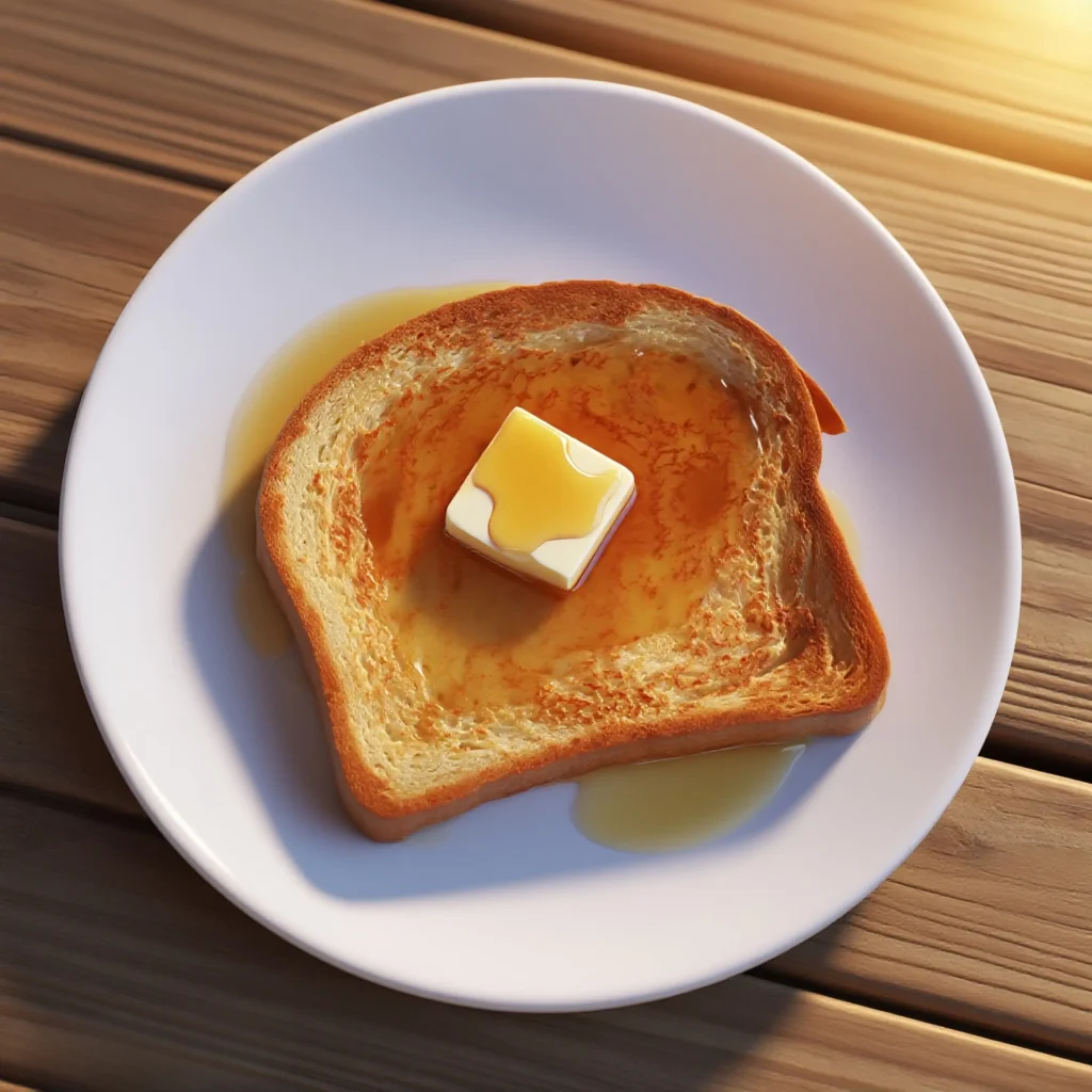 slice of golden Ice Cream French Toast topped with butter and maple syrup on a white plate