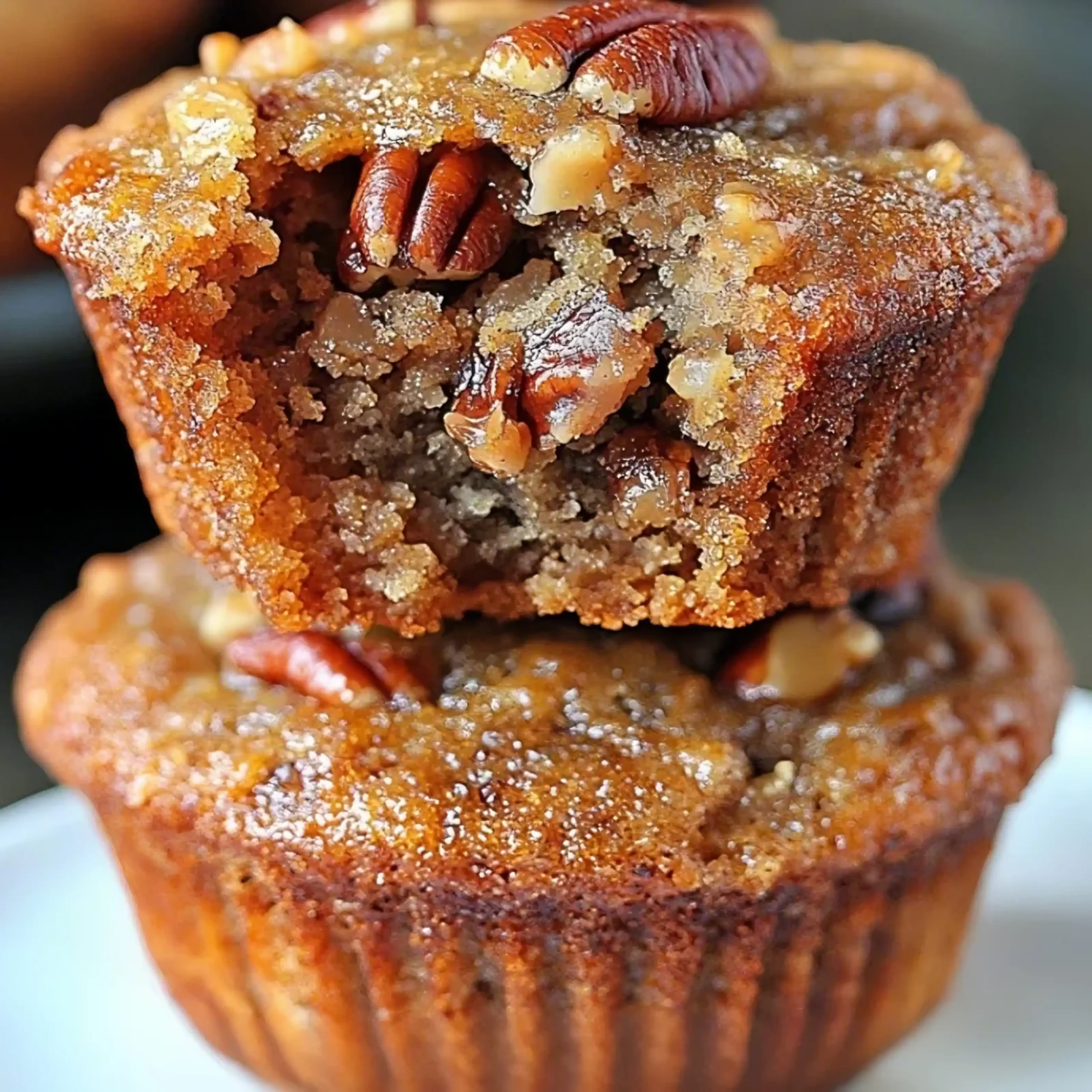 Pecan Pie Muffins Recipe 3 golden brown pecan pie muffins with gooey center and chopped pecans