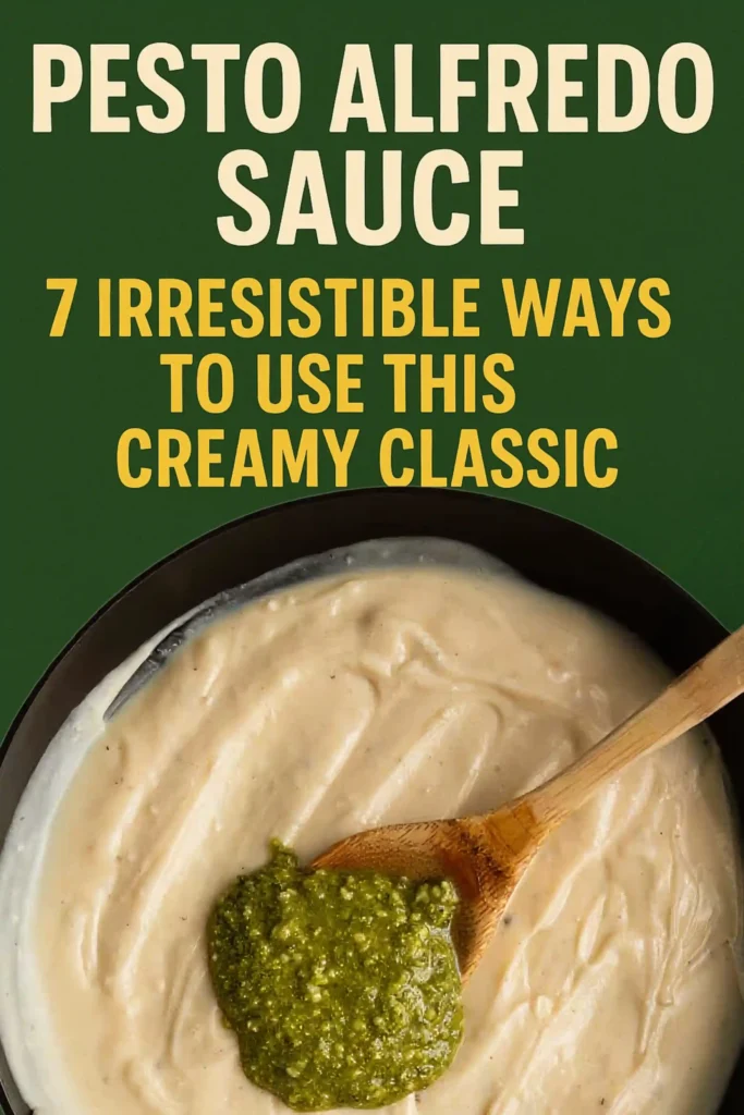 skillet filled with creamy Pesto Alfredo sauce topped with fresh green pesto and a wooden spoon on a green background with text overlay