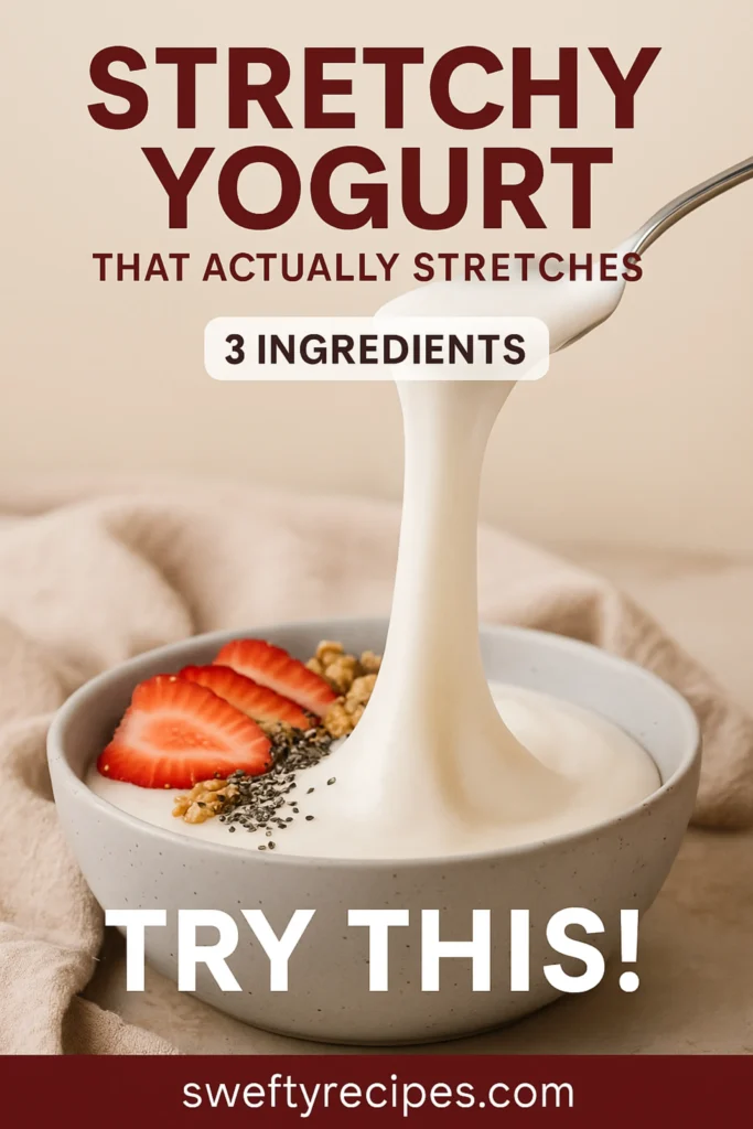 Stretchy Yogurt Recipe 4 creamy stretchy yogurt being poured into a bowl with granola, strawberries, and chia seeds