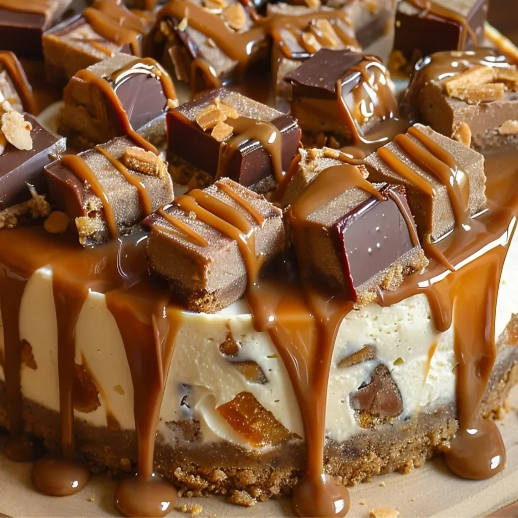 Close-up of a Twix caramel cheesecake topped with chopped candy bars and dripping caramel sauce.
