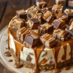 A rich Twix caramel cheesecake topped with chopped candy bars and thick caramel sauce dripping down the sides.